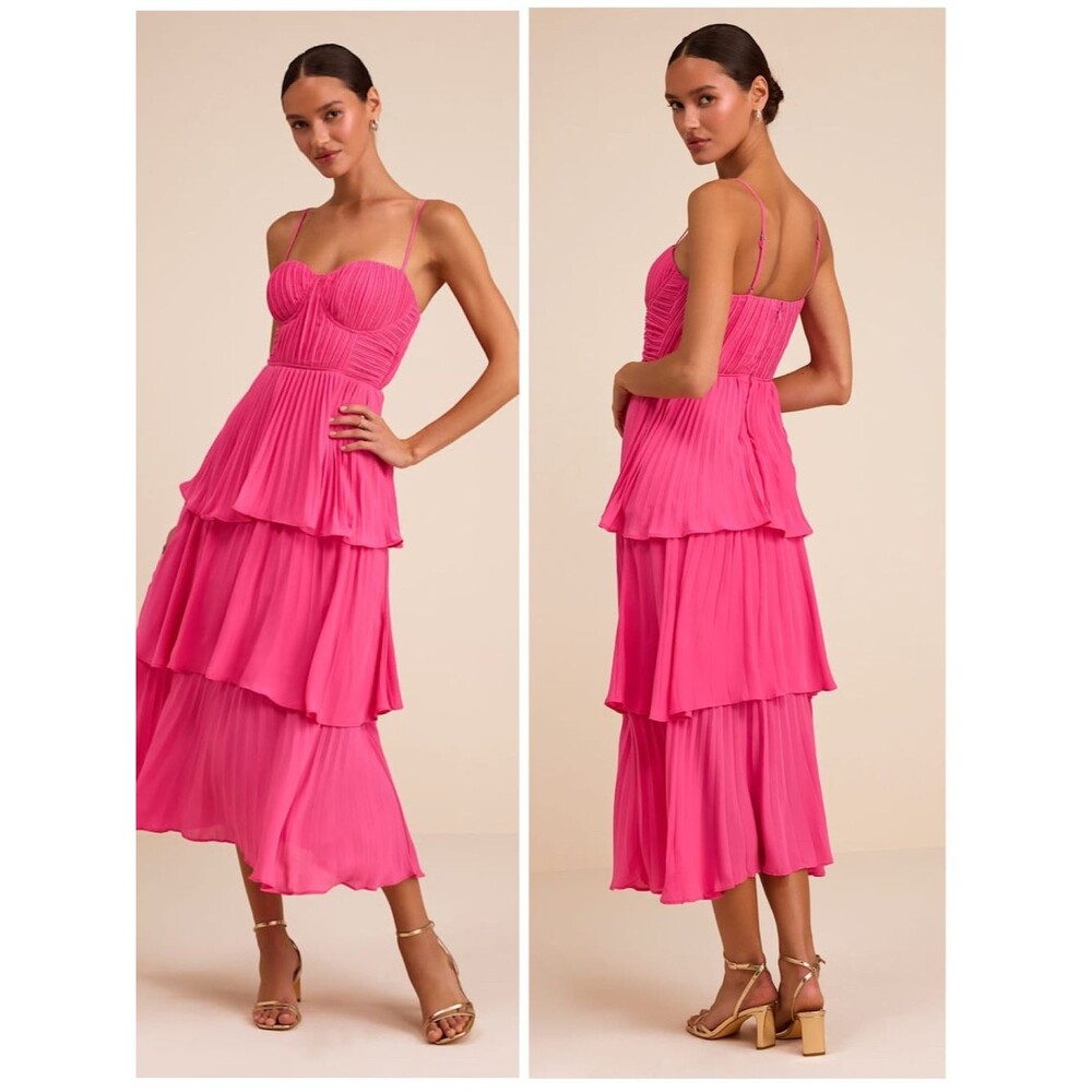 Lulus Lulus Cascading Crush Hot Pink Tiered Bustier Midi Dress Size Large Formal